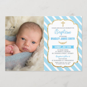 Blue and Gold Christening Baptism Baby Photo Kaart