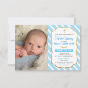 Blue and Gold Christening Boy Fotouitnodiging Aankondiging
