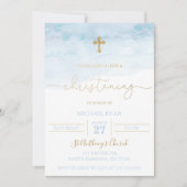 Blue and Gold Christening Invitation Baby Boy Kaart (Voorkant)