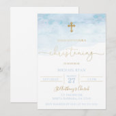 Blue and Gold Christening Invitation Baby Boy Kaart (Voorkant / Achterkant)
