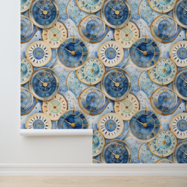 Blue and Gold Clock Pattern Behang (Applicatie)