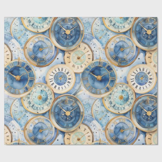 Blue and Gold Clock Pattern Cadeaupapier (Vlak)