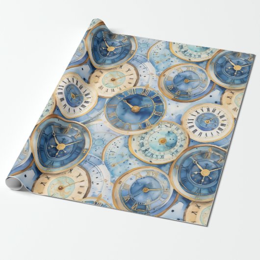 Blue and Gold Clock Pattern Cadeaupapier (Uitgerold)