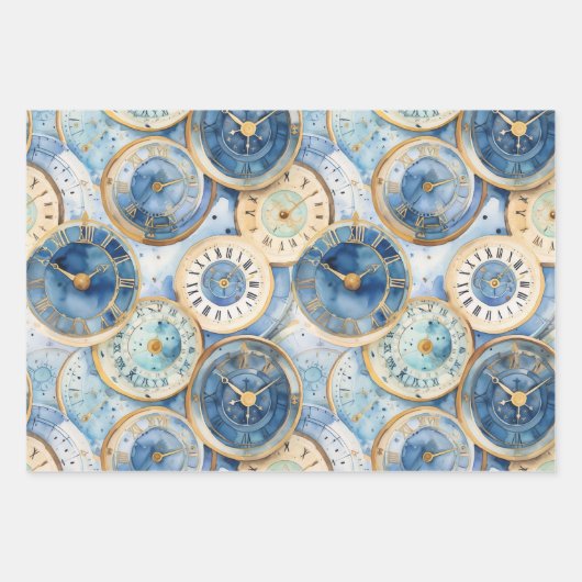 Blue and Gold Clock Pattern Inpakpapier Vel (Voorkant)