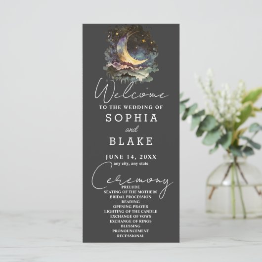 Blue and Gold Crescent Moon huwelijksprogramma (Staand voorkant)