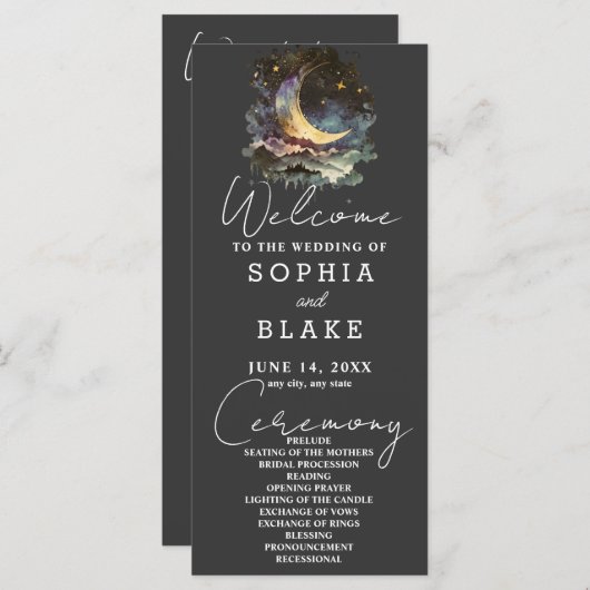 Blue and Gold Crescent Moon huwelijksprogramma (Voorkant / Achterkant)