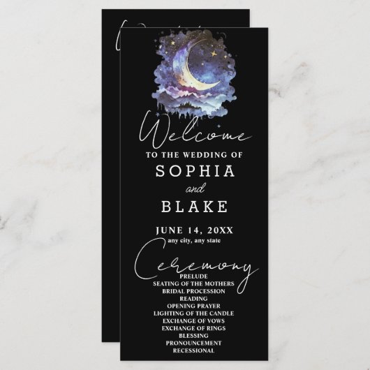 Blue and Gold Crescent Moon huwelijksprogramma (Voorkant / Achterkant)