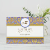 Blue and Gold Damask Monogram bewaart de Date Kaar Save The Date (Staand voorkant)