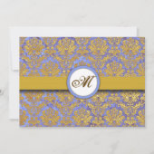 Blue and Gold Damask Monogram bewaart de Date Kaar Save The Date (Achterkant)
