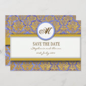 Blue and Gold Damask Monogram bewaart de Date Kaar Save The Date (Voorkant / Achterkant)