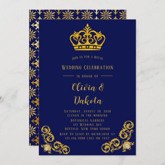 Blue and Gold Damask Royal Wedding Kaart (Voorkant / Achterkant)