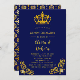 Blue and Gold Damask Royal Wedding Kaart