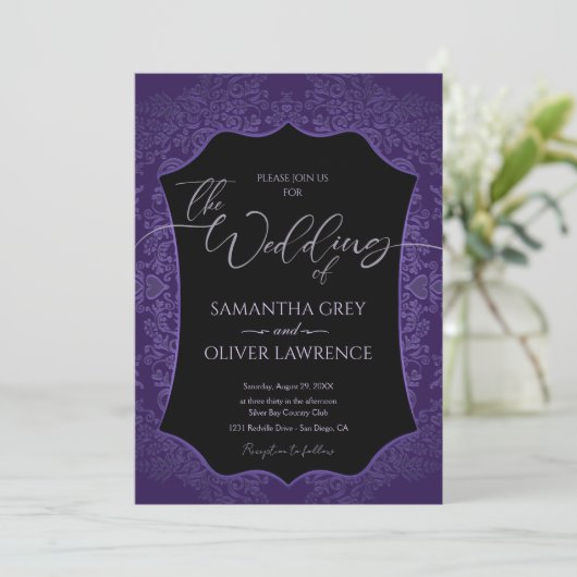 Blue and Gold Damask Wedding Invitation Kaart (Staand voorkant)