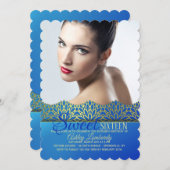 Blue and Gold Edging Photo Invitation Kaart (Voorkant / Achterkant)