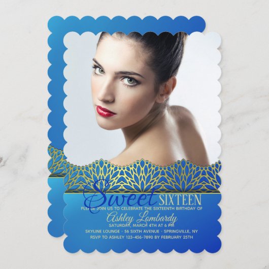 Blue and Gold Edging Photo Invitation Kaart (Voorkant / Achterkant)