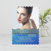 Blue and Gold Edging Photo Invitation Kaart (Staand voorkant)