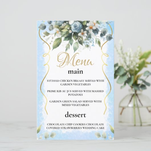 Blue and Gold Elegant Floral Rustic  Menu Card (Staand voorkant)