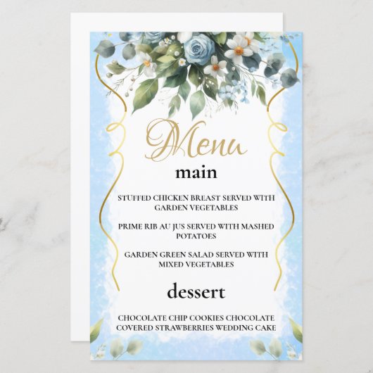 Blue and Gold Elegant Floral Rustic  Menu Card (Voorkant / Achterkant)