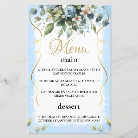Blue and Gold Elegant Floral Rustic  Menu Card (Voorkant)