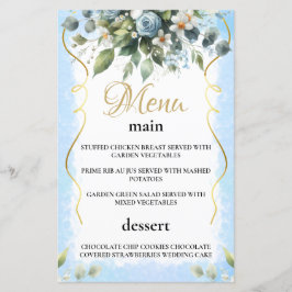 Blue and Gold Elegant Floral Rustic  Menu Card