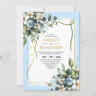 Blue and Gold Elegant Floral Rustic Watercolor Kaart