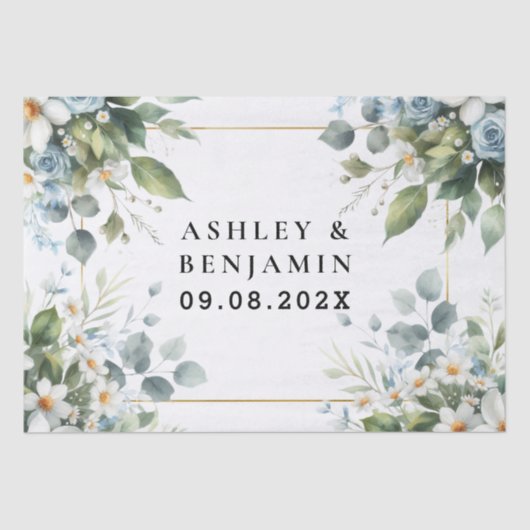  Blue and Gold Elegant Floral Rustic Watercolor Tissuepapier (Voorkant)