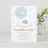 Blue and Gold Elephant Baby shower Invitation Boy Kaart (Staand voorkant)