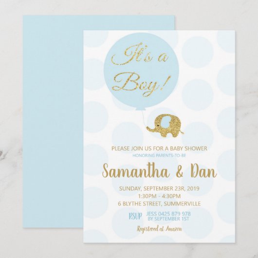 Blue and Gold Elephant Baby shower Invitation Boy Kaart (Voorkant / Achterkant)
