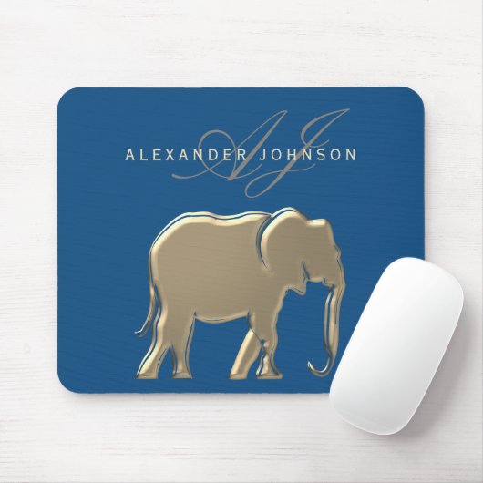 Blue and Gold Elephant Monogram Muismat (Met muis)