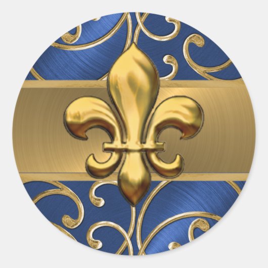 Blue and Gold Filigree Swirls Fleur de Lis Ronde Sticker (Voorkant)
