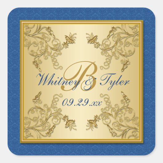 Blue and Gold Floral Damask Monogram Sticker (Voorkant)