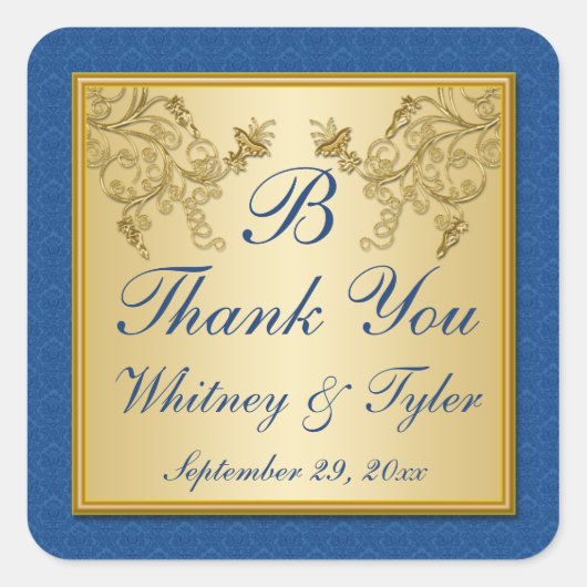 Blue and Gold Floral Damask Monogram Sticker (Voorkant)