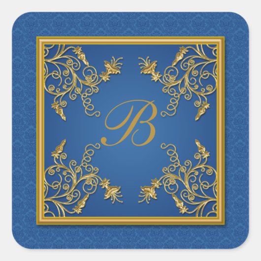 Blue and Gold Floral Damask Monogram Sticker (Voorkant)