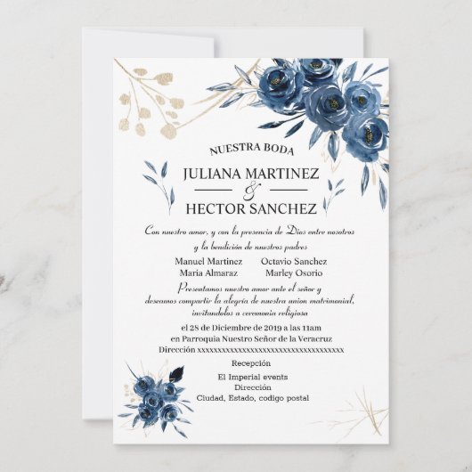 Blue and Gold Floral Invitation (Spanje) Kaart (Voorkant)