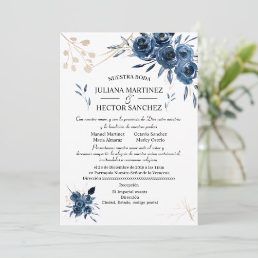 Blue and Gold Floral Invitation (Spanje) Kaart (Staand voorkant)