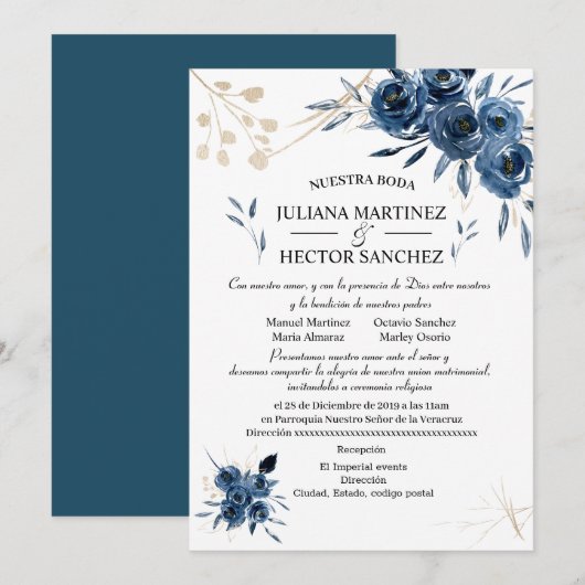 Blue and Gold Floral Invitation (Spanje) Kaart (Voorkant / Achterkant)