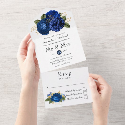 Blue and Gold Floral Wedding All In One Uitnodiging (Afscheurbaar)