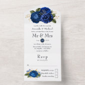 Blue and Gold Floral Wedding All In One Uitnodiging (Binnen)