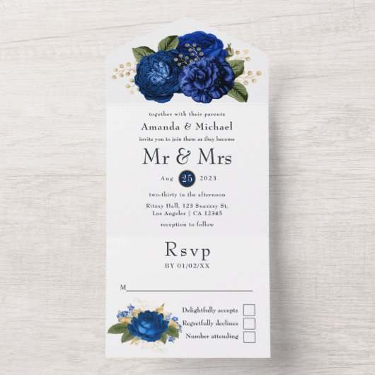 Blue and Gold Floral Wedding All In One Uitnodiging (Binnen)