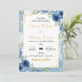 Blue and Gold Floral Wedding Kaart (Staand voorkant)