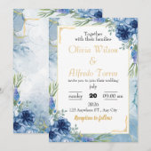 Blue and Gold Floral Wedding Kaart (Voorkant / Achterkant)