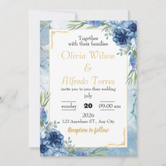 Blue and Gold Floral Wedding Kaart