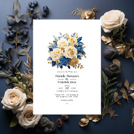 Blue and Gold Floral Wedding Kaart