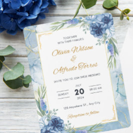 Blue and Gold Floral Wedding Kaart
