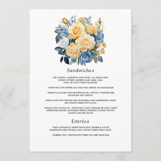 Blue and Gold Floral Wedding Menu (Achterkant)