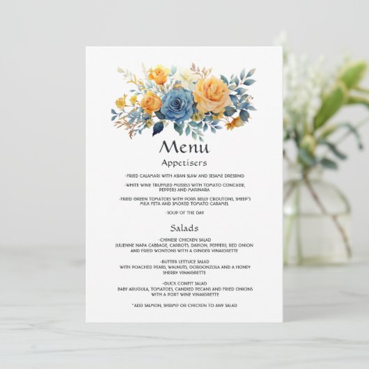 Blue and Gold Floral Wedding Menu (Staand voorkant)