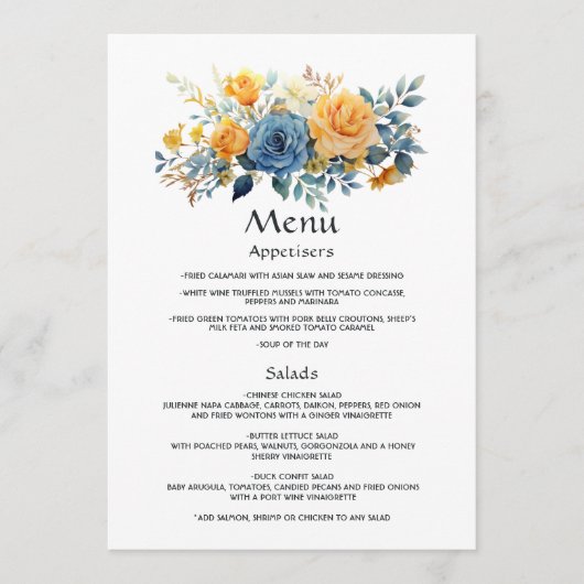Blue and Gold Floral Wedding Menu (Voorkant)