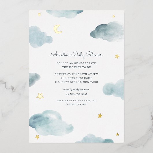 Blue and Gold Foil Sweet Dreams Baby shower Invite Folie Uitnodiging (Voorkant)