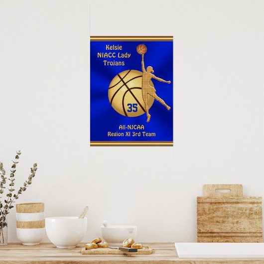 Blue and Gold Girls Basketball Poster, JOUW TEKST Poster (Keuken)