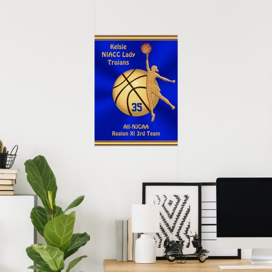 Blue and Gold Girls Basketball Poster, JOUW TEKST Poster (Thuiskantoor)